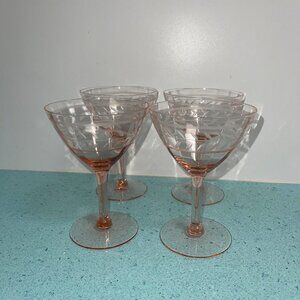 Vintage Pink Champagne Cocktail Glasses Leaf Border Paneled Bowls Set of 4